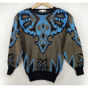 MALINA WONG Sweater 36 Wool Blend Metallic Jacquard Jumper Bronze Blue Vtg 70s